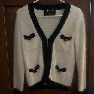 Balmain White Mohair Cardigan with Black Trim and Bow Accents